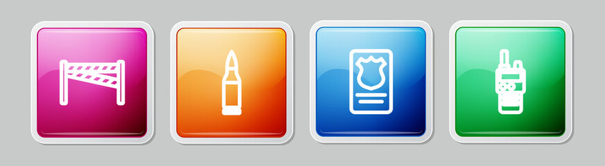 Set line Crime scene, Bullet, Police badge with id case and Walkie talkie. Colorful square button. Vector