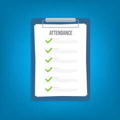 Attendance clipboard with checklist. Questionnaire, survey, clipboard, task list.