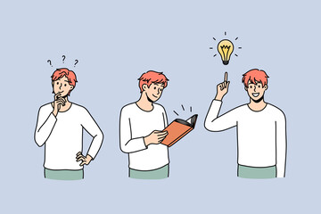 Happy young man read book study learn alone. Smiling guy find solution answer brainstorm over new business idea. Self-education, knowledge concept. Flat vector illustration. 