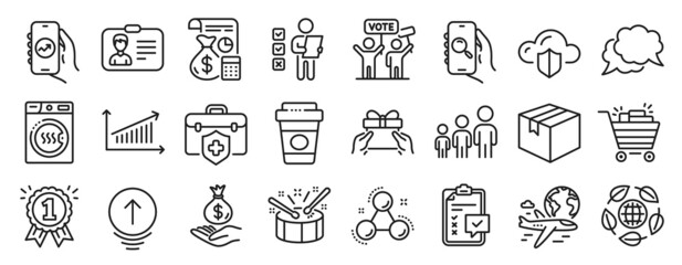 Set of Business icons, such as Parcel, Income money, Chart icons. Business hierarchy, International flight, Search app signs. Eco organic, Shopping cart, Voting campaign. Drums, Swipe up. Vector