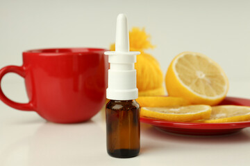 Flu treatment accessories on white table, close up