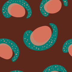 Vector seamless pattern on terra cotta orange, emerald green color on dark brown background. Abstract trendy color modern hand drawn geometry with polka dots. Down to Earth palette. Cute Fashion print