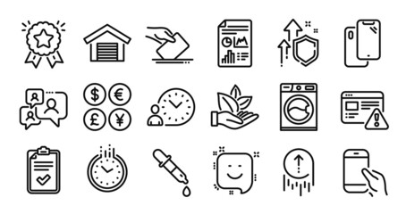 Internet warning, Ranking star and Swipe up line icons set. Secure shield and Money currency exchange. Parking garage, Smile and Support chat icons. Vector