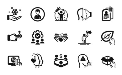 Vector set of Drag drop, Online shopping and Heart icons simple set. Face id, Freezing and Vaccine protection icons. Interview documents, Leadership and Meeting signs. Vector