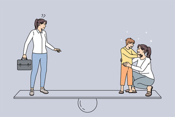 Woman choose between work and personal life or maternity leave. Career and family balance. Businesswoman and mother with child on sides of scales. Flat vector illustration, cartoon character. 