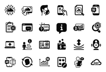 Vector Set of Science icons related to Coronavirus report, Augmented reality and Motherboard icons. Cloud network, Medical help and Analytics graph signs. Info bubble, journey path. Vector