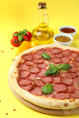 Concept of tasty food with Salami pizza on yellow background