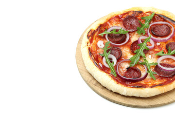 Tasty Salami pizza isolated on white background