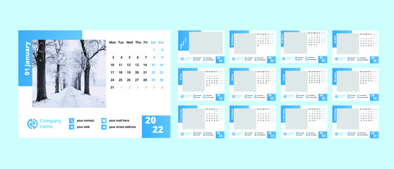Blue, black, white desk calendar 2022 template .weeks start on Monday, vector
