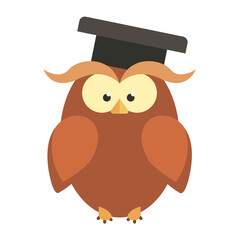 Owl wearing graduation cap. Bird in flat style.