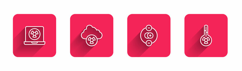 Set line Nuclear laptop, Acid rain and radioactive cloud, Atom and Meteorology thermometer with long shadow. Red square button. Vector
