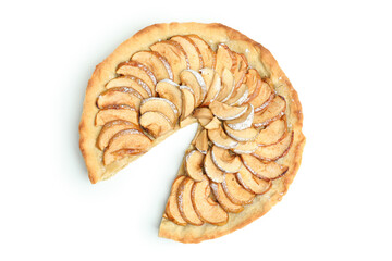 Sliced apple pie isolated on white background