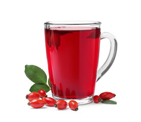 Aromatic rose hip tea and fresh berries on white background