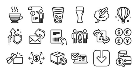 Beer glass, Opened gift and Online survey line icons set. Secure shield and Money currency exchange. Cafe creme, Parcel invoice and Share mail icons. Partnership, Air balloon and Ice tea signs. Vector