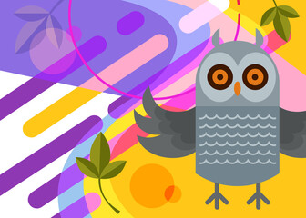 Banner with gray owl. Placard design in flat style.