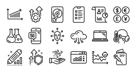Laptop, Cloud computing and Seo gear line icons set. Secure shield and Money currency exchange. Checklist, Wind energy and Sick man icons. Vector
