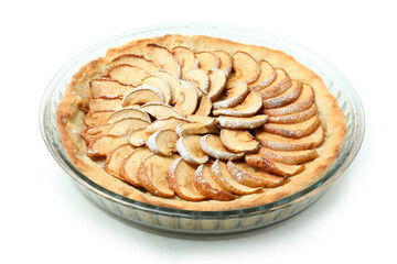 Apple pie in dish isolated on white background