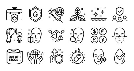 People insurance, Problem skin and Blood donation line icons set. Secure shield and Money currency exchange. Electronic thermometer, Dog vaccination and Fair trade icons. Vector