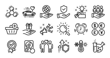 Fototapeta na wymiar Friends couple, Creative idea and Insurance hand line icons set. Secure shield and Money currency exchange. Loyalty program, Safe planet and Search icons. Vector