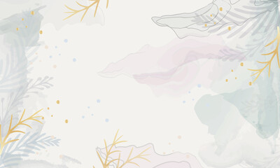 Fototapeta na wymiar Winter Abstract background vector. Watercolor and gold brush texture, Flower and botanical leaves.