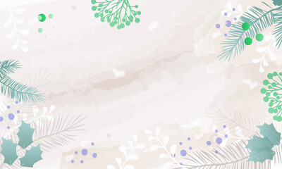 Fototapeta na wymiar Winter background vector. Watercolor, texture brush, Flower, botanical leaves, fir tree branches, snowberry.