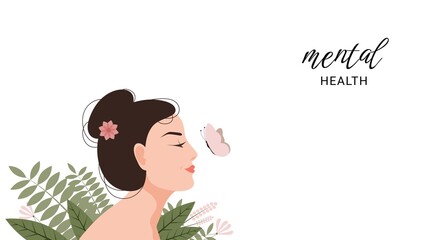 Mental health vector psycological concept. Becalmed beautiful women looks at butterfly. World mental health day.