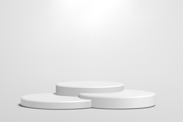 White podium on gray background. Realistic vector illustration. White round pedestal for mockups.