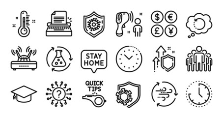 Electronic thermometer, Coronavirus and Wind energy line icons set. Secure shield and Money currency exchange. Tutorials, Chemistry experiment and Recovery data icons. Vector