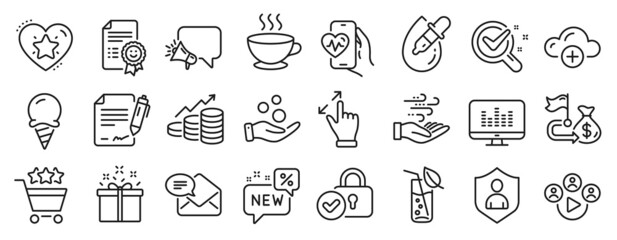 Fototapeta premium Set of Business icons, such as Smile, Cloud computing, Coffee cup icons. Water glass, Shopping rating, Wind energy signs. Cardio training, Ice cream, Financial goal. Security, Eye drops. Vector