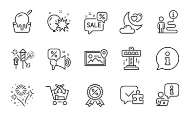 Holidays icons set. Included icon as Balloon dart, Discounts bubble, Ice cream signs. Fireworks rocket, Love night, Cross sell symbols. Discounts offer, Fireworks, Discount medal. Puzzle. Vector