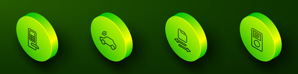 Set Isometric line Digital door lock, Smart car system, Transfer files and Music player icon. Vector