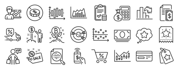 Fototapeta na wymiar Set of Finance icons, such as Loyalty ticket, No cash, Delivery discount icons. Success business, Sale, Income money signs. Decreasing graph, Analytics chart, Targeting. Payment, Dot plot. Vector
