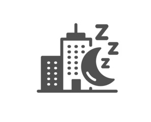 Night city quality icon. Skyscraper sleep sign. Building with moon symbol. Classic flat style. Quality design element. Simple night city icon. Vector
