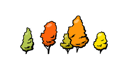 Tree vector hand drawn sketch Simple cartoon style Autumn season set with green yellow orange leaves isolated on white