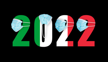 2022 with flag of Italy and medical mask for protection against covid on black background