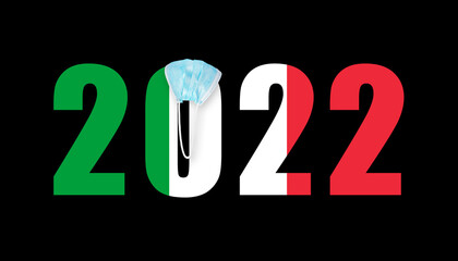 2022 with flag of Italy and medical mask for protection against covid on black background