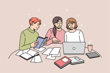Happy diverse young people study together with books and laptop prepare for school exam or test. Smiling students learn using computer and textbooks. Education concept. Flat vector illustration. 