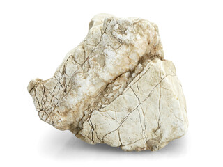 Single natural stone on white background, selective focus with shallow depth of field.