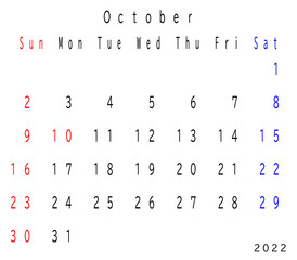 2022年　カレンダー　英語