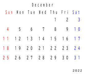 2022年　カレンダー　英語