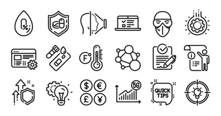 No alcohol, Web lectures and Idea gear line icons set. Secure shield and Money currency exchange. Integrity, Quick tips and 5g statistics icons. Vector