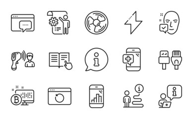 Science icons set. Included icon as Recovery internet, Face accepted, Air fan signs. Settings blueprint, Read instruction, Bitcoin system symbols. Medical phone, Energy, Computer cables. Vector