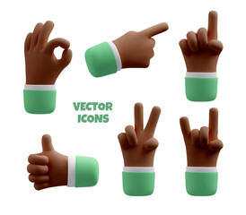 3d hand icon set. Vector realistic gesture of black skinned arms illustration, business clipart isolated on white background