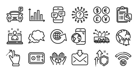 Spanner, Best manager and Internet notification line icons set. Secure shield and Money currency exchange. Touchscreen gesture, World globe and Question mark icons. Vector