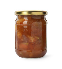 Tasty apple jam in glass jar isolated on white