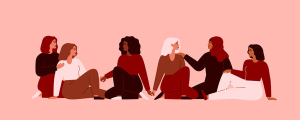 Six women of different ethnicities and cultures sit side by side together and hold hands. Strong and brave girls support each other and feminist movement. Sisterhood and females friendship. Vector
