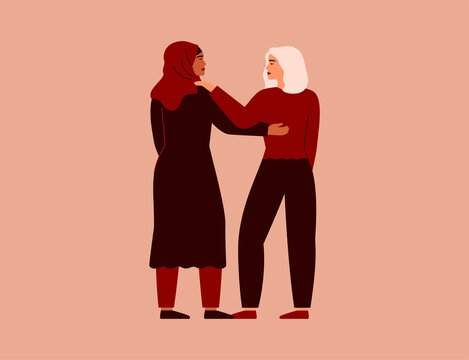 Two women hug and look at each other. Happy Arabian and Caucasian girls standing together. Female friends, the union of feminists, sisterhood. Vector illustration