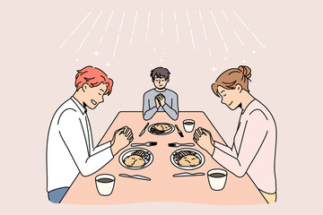 Young family with kid sit at table pray before dinner thanking god for food. Religious superstitious parents with child grateful thankful for meal. Faith, religion concept. Flat vector illustration.  - obrazy, fototapety, plakaty