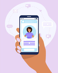 Hand with the phone. Social media profile. Smartphone with female avatar, text and button. Black woman. Icons with likes and messages differ. Vector illustration in flat style. © Pixuliana