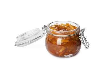 Tasty apple jam in glass jar isolated on white